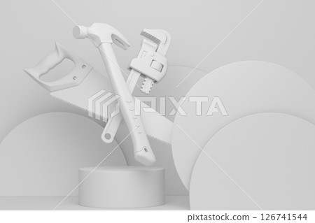 Abstract scene or podium with carpenters tools on monochrome background 126741544