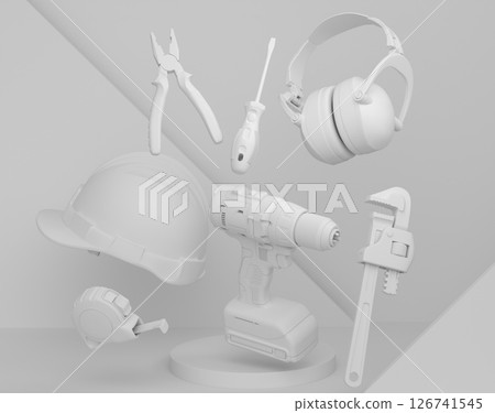 Abstract scene or podium with carpenters tools on monochrome background 126741545