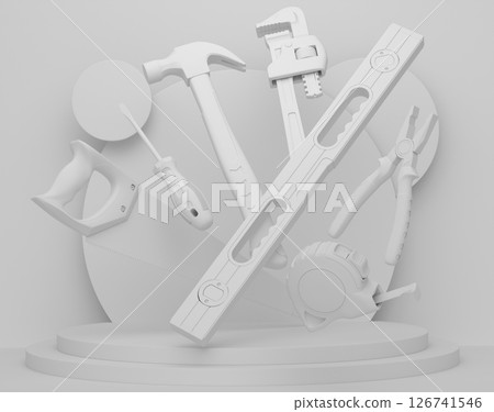 Abstract scene or podium with carpenters tools on monochrome background 126741546