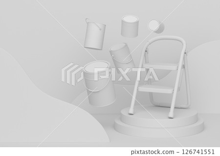 Abstract scene with folding ladder, bucket and paint roller on monochrome 126741551