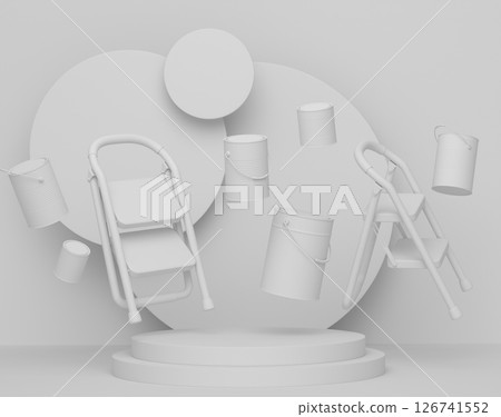 Abstract scene with folding ladder, bucket and paint roller on monochrome 126741552