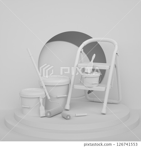 Abstract scene with folding ladder, bucket and paint roller on monochrome 126741553
