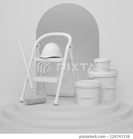 Abstract scene with folding ladder, bucket and paint roller on monochrome 126741556
