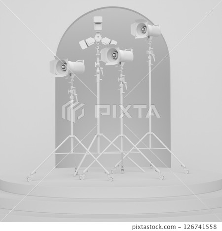 Abstract scene with photography studio flash on a lighting stand on monochrome Abstract scene with photography studio flash on a lighting stand on monochrome 126741558