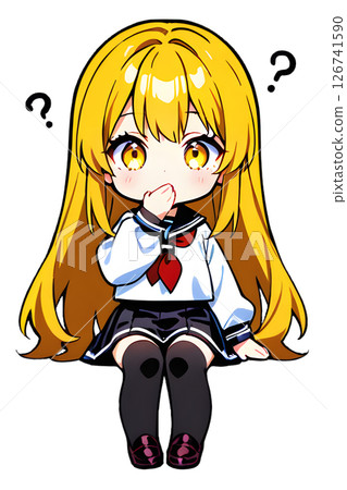 A blonde high school girl in a sailor suit sitting with a questioning expression on her face A blonde high school girl in a sailor suit sitting with a questioning expression on her face 126741590