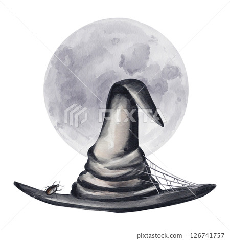 A large witch hat in a web. A small spider sits on it. A black beetle. A full moon in the background. The moon is gray and purple. Halloween decor. Watercolor illustration. Hand drawn. A large witch hat in a web. A small spider sits on it. A black beetle. A full moon in the background. The moon is gray and purple. Halloween decor. Watercolor illustration. Hand drawn. 126741757