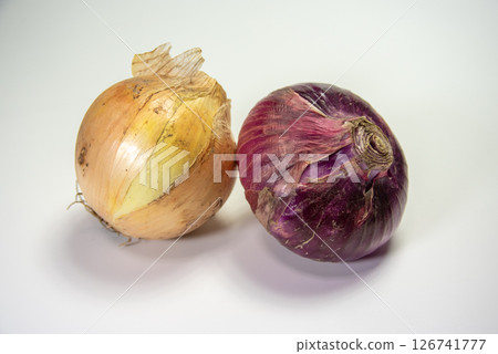 Yellow and purple onions on a white background 126741777