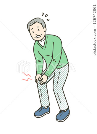 一位老人因膝蓋疼痛而把手放在膝蓋上的插圖 126742061