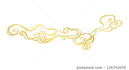 Japanese style gold ink brush line drawing illustration. Horizontal wave with swirls. Ocean or splash concept 126742076