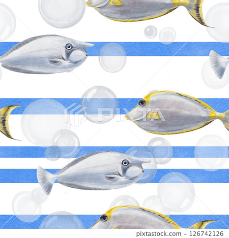 Seamless pattern with tropical fish. Striped background with bubbles. Blue stripes and transparent circles. Simple sea pattern. Watercolor illustration without background. Hand drawn.  126742126