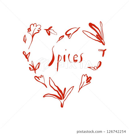 Herbal heart shape with handwritten spices text in playful minimal red botanical line art style 126742254