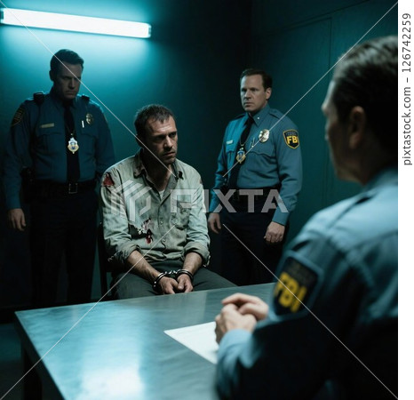FBI審訊場景：在燈光昏暗的審訊室裡進行問答；嫌犯與調查人員之間的緊張時刻 126742259