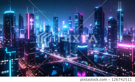 Scenery of a cyber city glowing in the evening sky 126742511