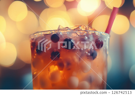 Refreshing Bubble Tea with Straw and Bokeh Lights for Modern Beverage Ad 126742513