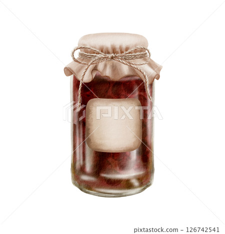 Cherry jam jar watercolor illustration. Vintage fabric lid with twine bow, square label. Hand-painted rustic preserves pot for packaging, culinary branding, kitchen decor, homemade goods labels 126742541