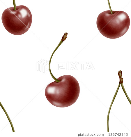 Fresh ripe cherries on a fruit branch in seamless pattern, glossy red juicy berries in watercolor hand drawn isolated illustration for kitchen textile,stationery, clothing 126742543