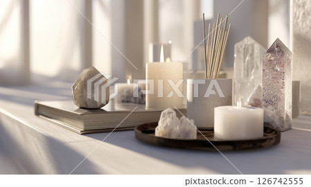 A calming interior scene featuring crystals and candles. AI-generated item  126742555