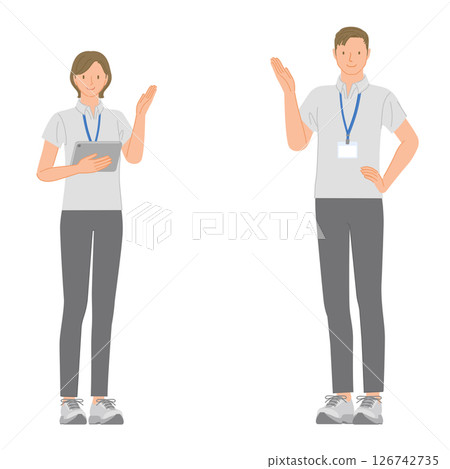 Set of young male and female gym staff: Smiling and giving guidance with hand 126742735