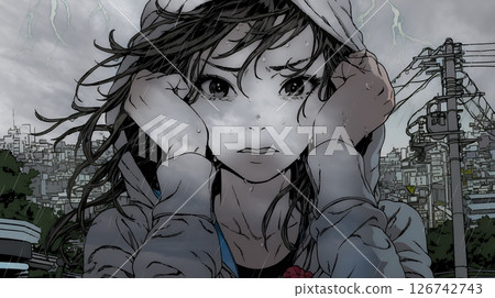 極度害怕雷聲的年輕女子。 極度害怕雷聲的年輕女子。 126742743