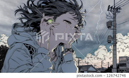 A young woman who is extremely frightened by thunder. 126742746