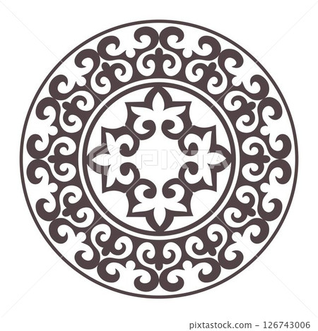 Vector monochrome round Kazakh national ornament. Ethnic pattern of the peoples of the Great Steppe, Mongols, Kyrgyz, Kalmyks, Buryats.Circle, frame border. For ceramic, porcelain, embroidery, laser Vector monochrome round Kazakh national ornament. Ethnic pattern of the peoples of the Great Steppe, Mongols, Kyrgyz, Kalmyks, Buryats.Circle, frame border. For ceramic, porcelain, embroidery, laser 126743006
