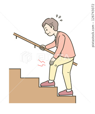 Illustration of an elderly woman struggling to climb stairs due to knee pain 126743072