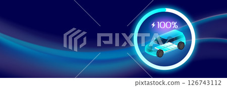 EV SUV Charging illustration showing an electric vehicle with a visible battery and 100% charge, surrounded by a glowing progress circle on a futuristic dark background. EV SUV Charging illustration showing an electric vehicle with a visible battery and 100% charge, surrounded by a glowing progress circle on a futuristic dark background. 126743112