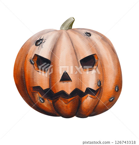 Large orange pumpkin with a face for Halloween. Bugs and spiders crawl on the pumpkin. Jack's head. Watercolor illustration without background. Hand drawing. High quality illustration Large orange pumpkin with a face for Halloween. Bugs and spiders crawl on the pumpkin. Jack's head. Watercolor illustration without background. Hand drawing. High quality illustration 126743318