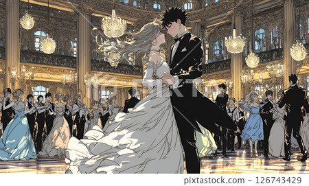 A Japanese word dictionary for the illustration of "Young women participating in a social dance (ballroom dance) party" 126743429