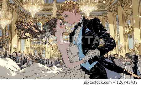 A Japanese word dictionary for the illustration of "Young women participating in a social dance (ballroom dance) party" 126743432