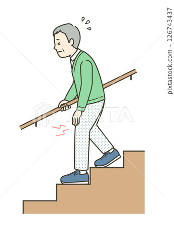 Illustration of an elderly man suffering from knee pain and going down the stairs 126743437