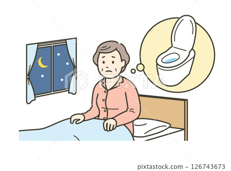 Illustration of an elderly woman suffering from frequent urination at night, feeling stressed because she feels the need to urinate while sleeping 126743673