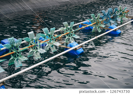 Aerator blades in a pond on fish farm. Fish farming Aerator blades in a pond on fish farm. Fish farming 126743730
