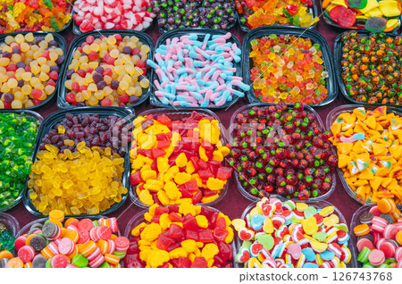 sweets marmalade and chewable candies on the counter at candy store in oriental market 126743768
