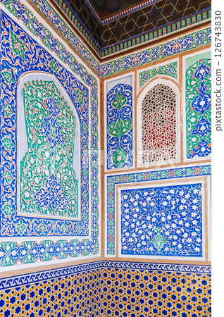 carved wooden painted walls of Museum of Art of Uzbekistan with Uzbek ornaments and decorative oriental patterns in Uzbekistan 126743830