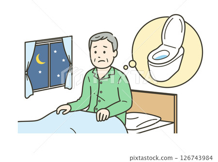一位患有夜尿症的老人感到壓力並在睡眠時感到小便的衝動的插圖 126743984