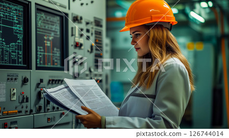 A female engineer wearing a hard hat and lab coat analyzing documents in a high-tech control room 126744014