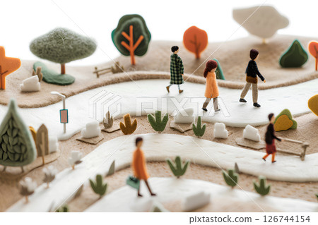 3D illustration of a park and people walking (paper craft) 126744154
