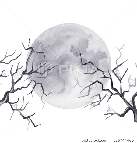 Scary Halloween card. Template for inscription. Full moon and branches of creepy trees. Watercolor illustration without background. Hand drawing. High quality illustration Scary Halloween card. Template for inscription. Full moon and branches of creepy trees. Watercolor illustration without background. Hand drawing. High quality illustration 126744460