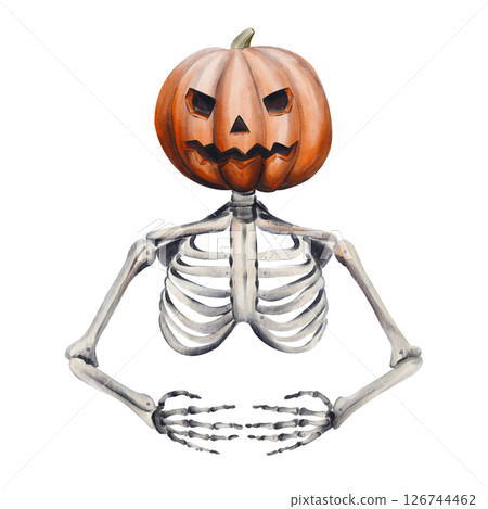 Human skeleton with a pumpkin head. The pumpkin has a face carved into it. Jet's head. Ghost or zombie. Halloween decor. Watercolor illustration without background. Hand drawn. High quality 126744462