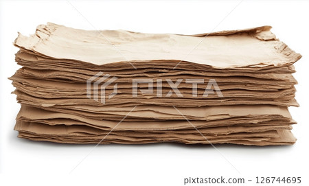 stack of corrugated cardboard boxes. The boxes are stacked on top of each other and are of different sizes and shapes. The topmost box is open 126744695