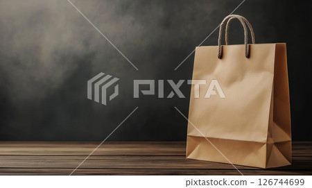 there is brown paper bag with two handles on a wooden surface. The bag appears to be made of a sturdy material and has a rectangular shape with rounded edges 126744699