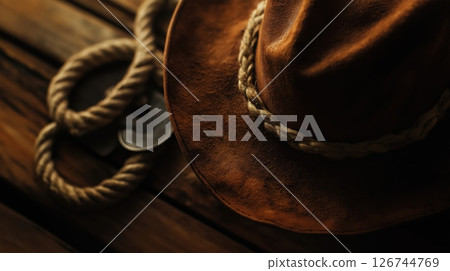 close-up of a brown cowboy hat and a horseshoe on a wooden surface. The hat is made of leather and has a wide brim. The horseshoes are made of metal	 126744769