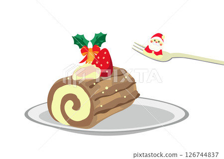 聖誕老人用叉子舀起聖誕裝飾物的插圖 126744837