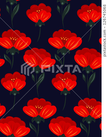 Vector rustic pattern with red poppies in a row on a dark blue background. Decorative floral texture in folk art style 126745068