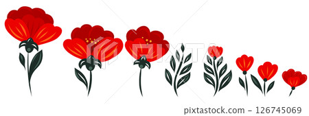 Vector set of clip arts of a bright stylized poppies and green leaves. Decorative folk style floral composition collection 126745069