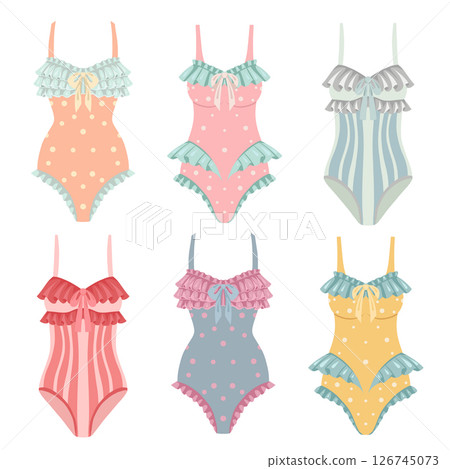 Vector clip arts of retro-style ruffled swimsuits. Feminine swimwear in flat cartoon style 126745073