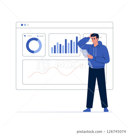 Confused businessman analyzing complex data on tablet, standing near digital screen with charts. Problem solving, data analysis struggle concept. Hand drawn vector illustration. Confused businessman analyzing complex data on tablet, standing near digital screen with charts. Problem solving, data analysis struggle concept. Hand drawn vector illustration. 126745074