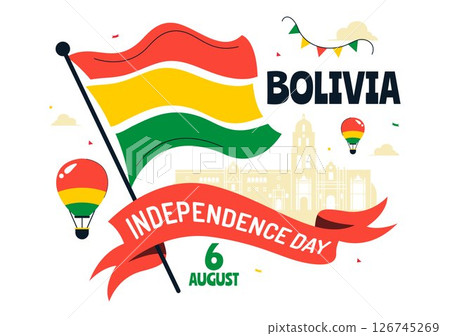 Bolivia Independence Day Vector Illustration on August 6, Featuring a Waving Flag and Ribbon in a Festive National Holiday Scene with Flat Background Bolivia Independence Day Vector Illustration on August 6, Featuring a Waving Flag and Ribbon in a Festive National Holiday Scene with Flat Background 126745269