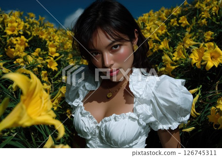A young woman in a white dress standing in a flower field 126745311